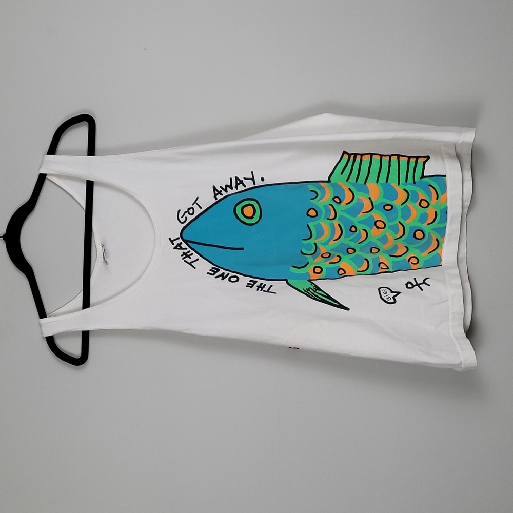 White Tank Top with Blue & Green Fish Graphic